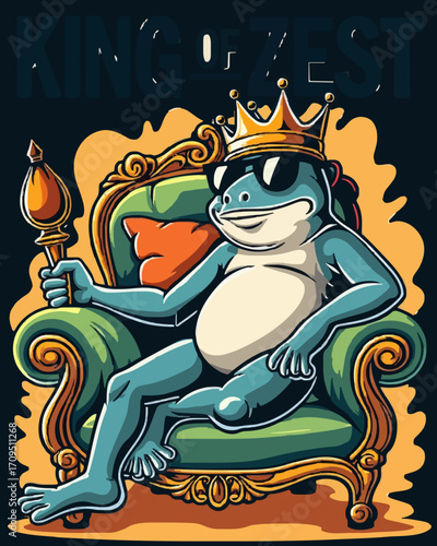 Regal frog on throne, bold cartoon style, green and gold, zest-