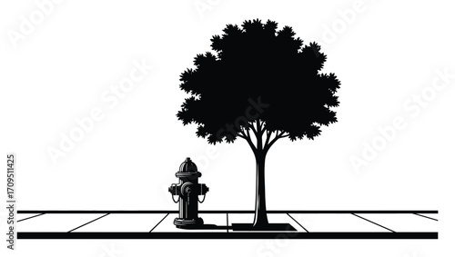 Black and white silhouette of a city sidewalk with a tree and fire hydrant