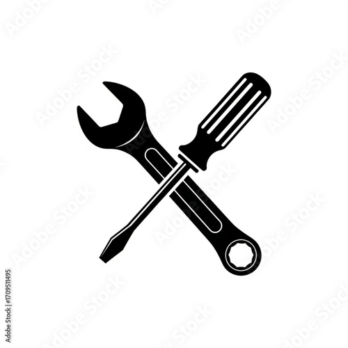 A black and white vector image showing a crossed wrench and screwdriver on a white background tool repair created with generated ai