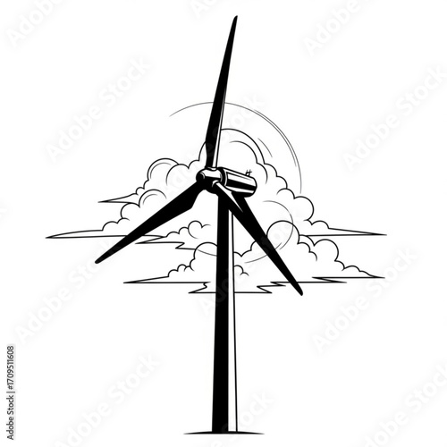 Illustration of a wind turbine with three blades against a cloudy sky in black and white style created with generated ai