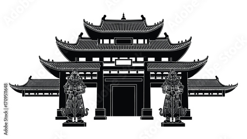 Ancient Asian Architecture Gate and Guardian Statues