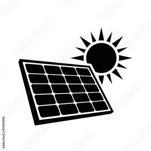 Illustration of a solar panel with multiple cells and a sun symbol radiating light in black and white created with generated ai