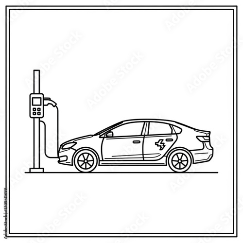 Outline illustration of electric car charging at a station inside a square border design element created with generated ai