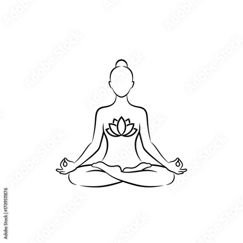 Woman in lotus position meditating with a lotus flower on her chest in black and white line art created with generated ai