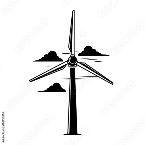 Illustration of a wind turbine with three blades and stylized clouds in a monochrome design style created with generated ai