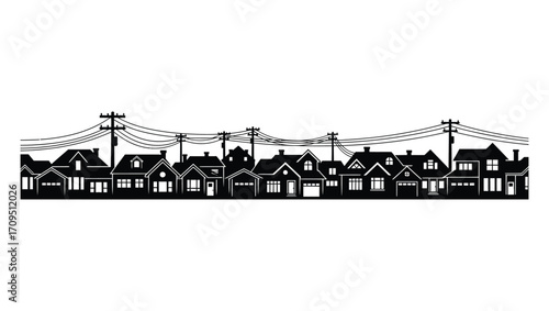 Vector graphic silhouette of a row of suburban houses with utility poles and wires