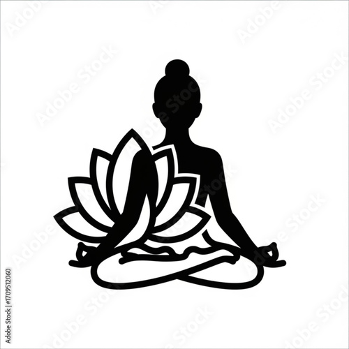 Silhouette of a person in lotus position meditating with a lotus flower in black and white art image created with generated ai