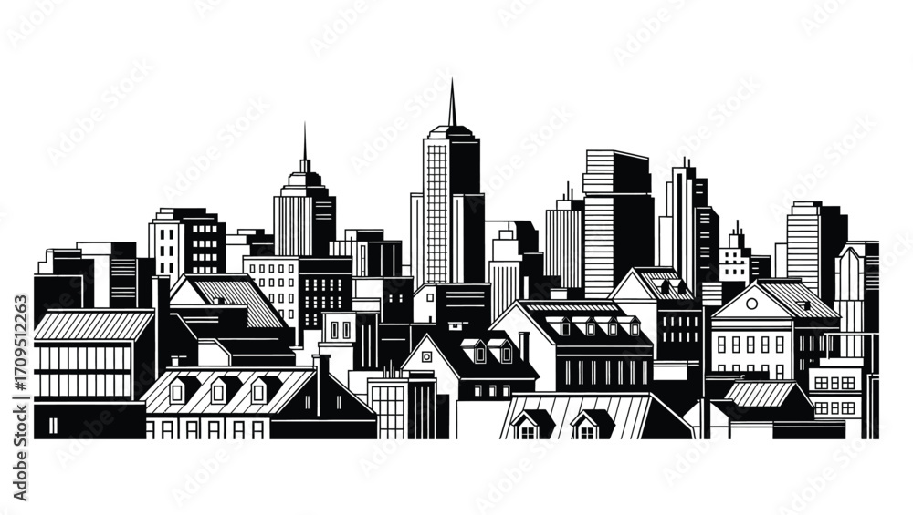 Naklejka premium Stylized black and white vector illustration of a city skyline with modern and historic architecture