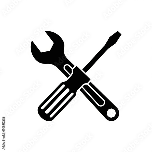 Illustration of a black wrench and screwdriver crossed over each other on a white isolated background created with generated ai