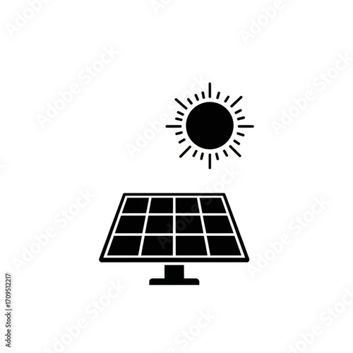 Illustration of a solar panel with a sun shining above it in a simple black and white design style created with generated ai