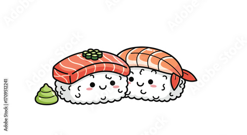 Cute kawaii sushi friends sharing a moment together and a dollop of wasabi.