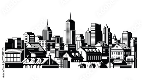 Stylized black and white vector illustration of a city skyline with modern and historic architecture