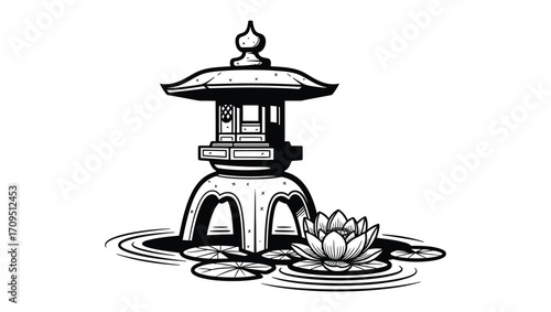 A traditional Japanese stone lantern with a lotus flower and lily pads on the water, rendered in a black and white line art style