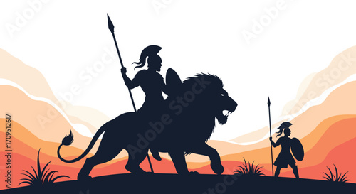 A warrior rides a lion in a desolate landscape. Facing another warrior.