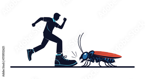 Man runs from a large cockroach in a cartoonish illustration style.