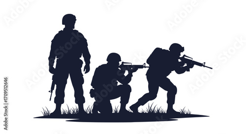 Military soldiers in tactical formation engaging in combat operations on the battlefield.