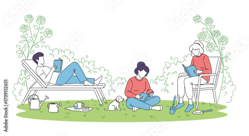 People enjoying a peaceful day reading and relaxing outdoors.