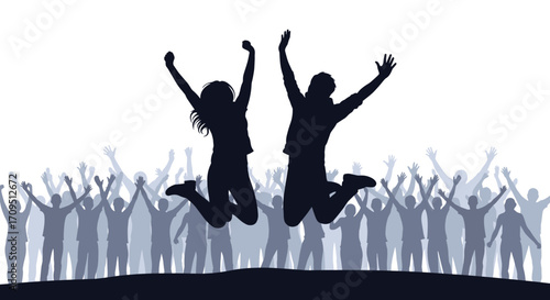 A group of people celebrating with two people jumping in the air