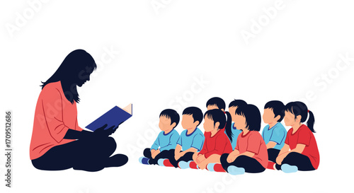 A teacher reads a book to a group of attentive young children in a classroom setting.