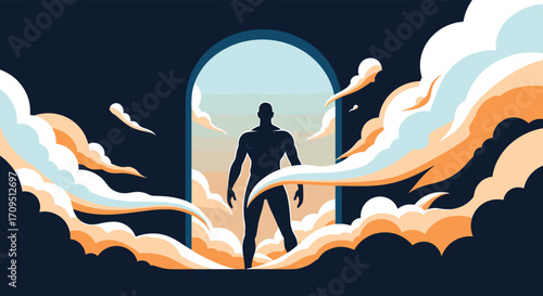 A silhouette of a person stands in an arched doorway as clouds swirl around them.