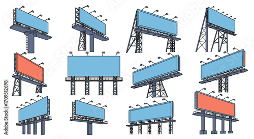 Various outdoor advertising billboard structures and designs for marketing purposes.