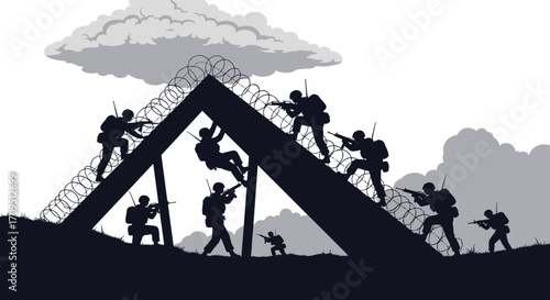Shadowy soldiers navigate a dangerous obstacle course under a stormy sky.