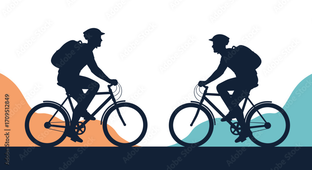 Obraz premium Two cyclists riding bicycles with backpacks on a road with hills.