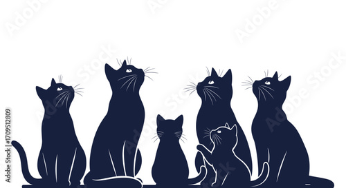 A group of silhouetted black cats looking up at something with curiosity and wonder.