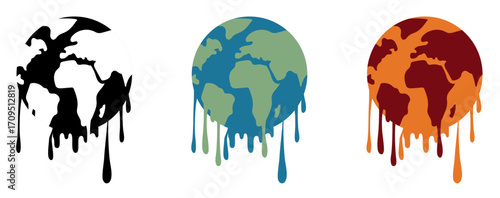 Three Melting Earth Planets isolated on transparent background. Climate Change Progression. Back white to desert colors. Global warming concept. Melting planet collection. Vector illustration