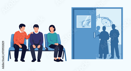 Patients waiting in a hospital lobby for surgery room preparation