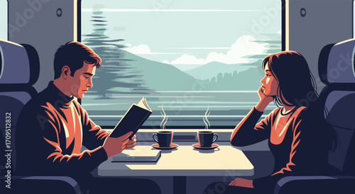 A couple enjoying a scenic train journey reading and reflecting on the passing landscape.