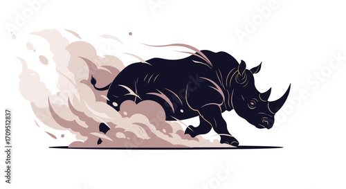 An enraged rhinoceros charging through dust clouds with powerful strides.