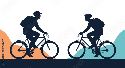 Two cyclists riding bicycles with backpacks on a road with hills.