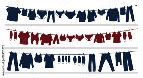 Garments drying on clotheslines in a laundry room outdoors.