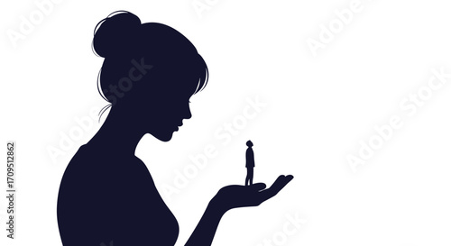 Silhouette of a woman looking down at a tiny man standing on her open palm.