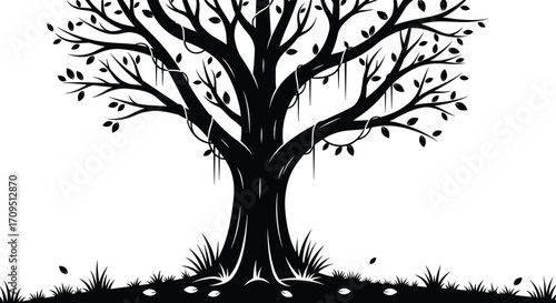 A stark silhouette of a large ancient tree with bare branches stands majestically against a white background.