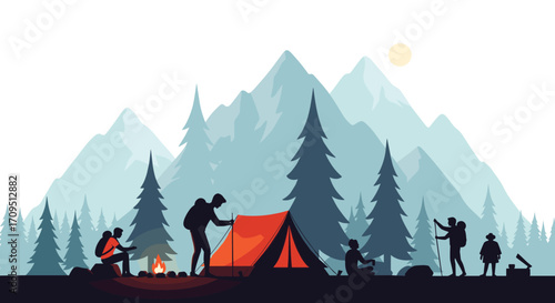 People setting up a campsite in front of majestic mountains and pine trees.