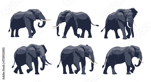 A collection of six pixel art elephants walking across a white background.