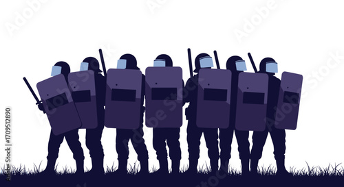 A group of riot police officers standing in formation with shields and batons.