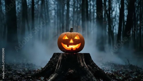 Eerie Ghostly Spirit Emerging from Glowing Pumpkin in Dark Misty Forest