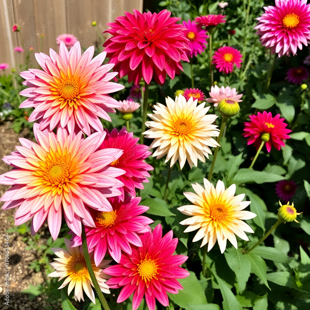Fototapeta premium Dahlias in good weather blooming in the garden