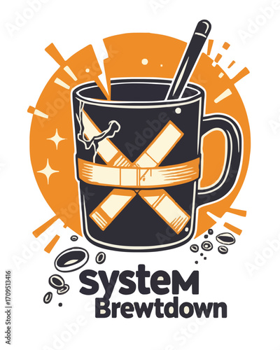 Empty mug taped and bandaged, cartoon style, System Brewtdown concept -