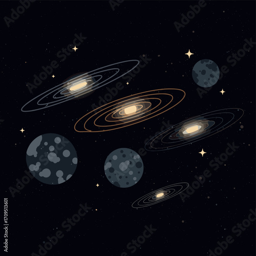 Illustrated Cosmic Scene with Galaxies and Planets