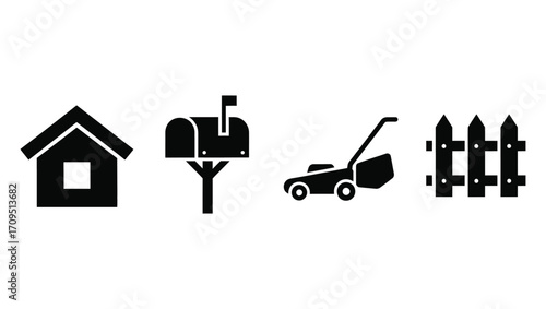 Set of Icons Home, Mailbox, Lawn Mower, and Fence Depicting Suburban Lifestyle