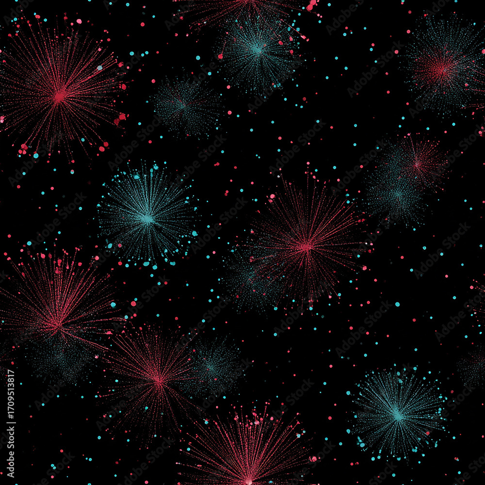 Fototapeta premium A vibrant abstract fireworks display with red and teal glowing particles exploding against a dark background creating a dynamic festive and celebratory atmosphere perfect for event and party designs