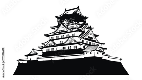 Elegant black and white illustration of a traditional Japanese castle, showcasing intricate architectural details and historic Asian fortress design