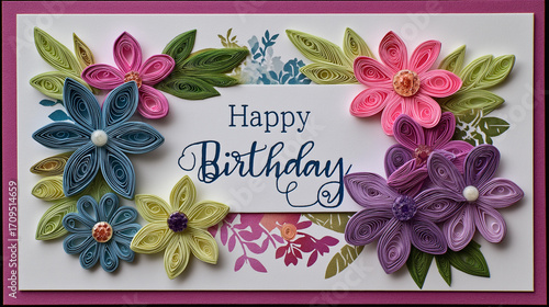 Handmade Quilling Paper Card. An intricate card decorated with finely rolled paper shapes forming flowers and 