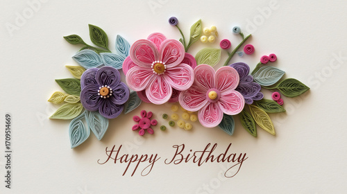 Handmade Quilling Paper Card. An intricate card decorated with finely rolled paper shapes forming flowers and 