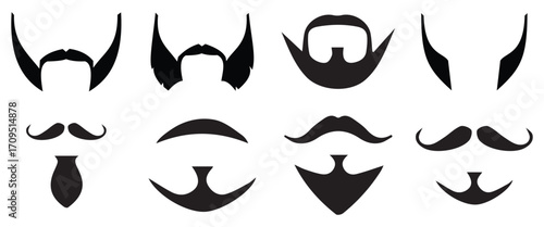 "Hipster Men Hairstyles and Beard Styles Collection – Vintage Vector Silhouette of Mustache and Haircuts Icons"