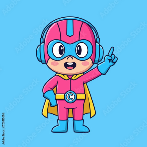 Cartoon superhero with headphones pointing up on a blue background.